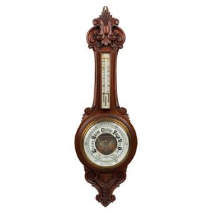 An antique English banjo barometer in walnut case, dial marked…