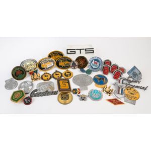 Car badges: vintage selection, some enamaled including mini car…