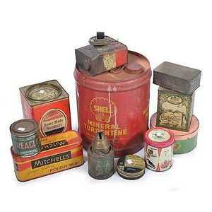 Shell turpentine can; other tins for automotive and household…