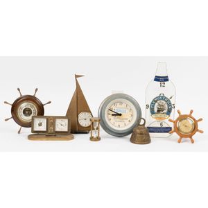Maritime themed barometer, clocks, hourglass, advertising…