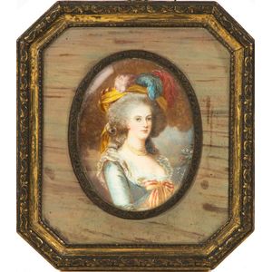 A framed miniature portrait of a woman, signed bottom right (14…
