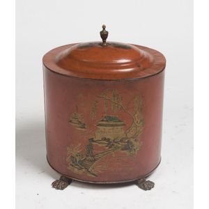 An antique chinoiserie decorated red toleware coal bin. 52 cm…