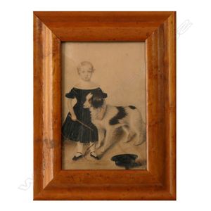 A Victorian portrait miniature of a girl with dog, hand painted…