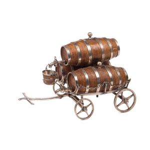 A silver plated coopered oak whiskey three barrel trolley,…