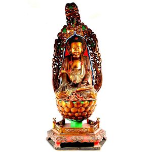 A carved and painted seated Buddha, upon a lotus flower, set&hellip;