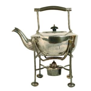 An Edwardian silver spirit kettle on stand, the hemispherical…