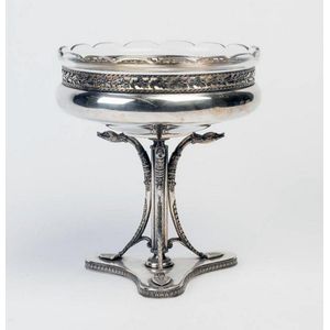 A parcel-gilt silver plated and cut glass pedestal bowl, French…