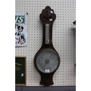 Vintage English carved oak cased aneroid barometer, approx 75…