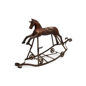 A rare antique pull-along rocking horse toy, carved wood and…