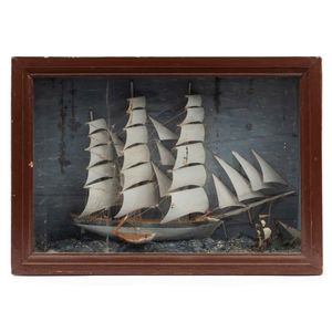 A cased diorama of a three masted ship, 36 cm high, 52 cm wide,…