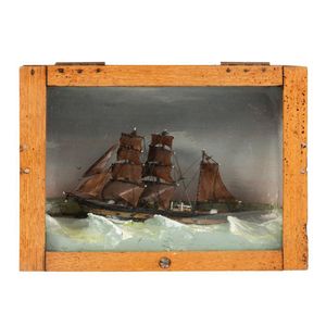 Ship diorama in wooden case, 19th century, 16 cm high, 22 cm…