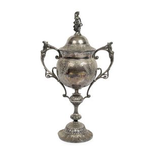 A Victorian silver plated two handled trophy cup and cover by…