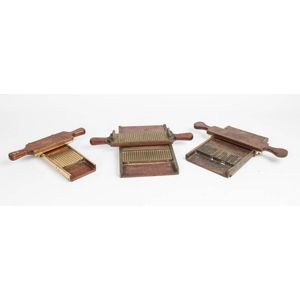 Three antique pharmacy pill presses, timber & brass, varying…
