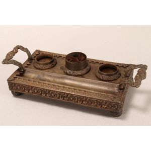 Victorian pressed brass standish, of rectangular form and set…