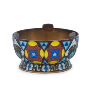 Faberge Russian silver and enamel salt cellar, circa 1900, full…