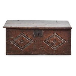 Oak casket c.1800s with lock and 'E.W' incised on front 26 x 63…