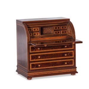 A miniature roll top desk with inlaid timbers, 19th century, 28.…