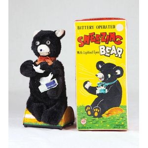Boxed Linemar Toys Japan Sneezing Bear, flock and tinplate,…