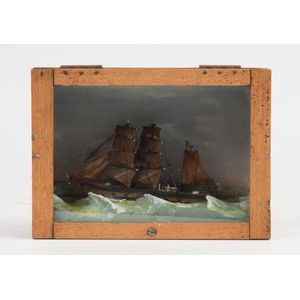 Ship diorama in oak case, early 20th century. Height 16 cm,…