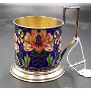 Russian enameled silver teacup frame with decorative blossoms…