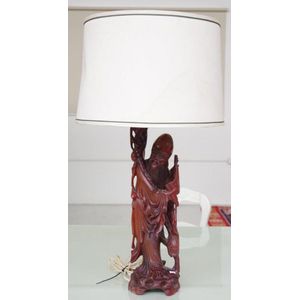 Vintage Chinese electric lamp with carved timber base depicting&hellip;