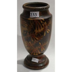 A pokerwork vase, with Willi Wagtail design. Height 20.5 cm.…