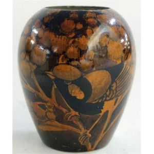 A Hiel Co. Ware pokerwork timber vase, with wattle and willy…
