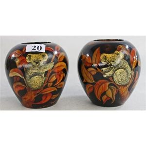 A pair of Australian pokerwork small timber vase, with koala…