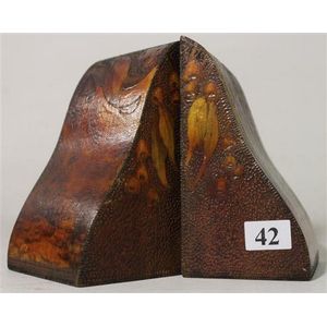 A pair of Australian pokerwork timber bookends, with eucalyptus…
