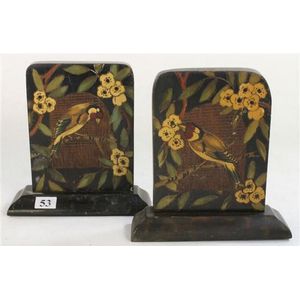 A pair of Australian pokerwork timber bookends, with bird and…