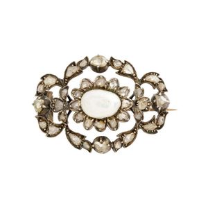 Broche Antique Or 18k Grappe De Raisin - Perles, Diamants Roses Et Feuilles émaillées Vertes