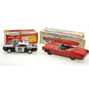 Two Japanese tinplate models, including Bandai 7658 battery…