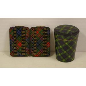 Two vintage Tartanware whist counters, & a cased shot glass