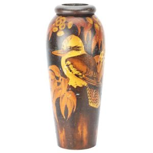 Pokerwork kookaburra vase painted sitting amongst gumleaves.…