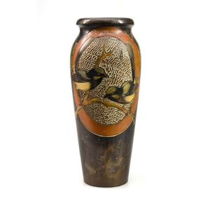 Early Australian pokerwork vase. Blue wren & gum leaf…