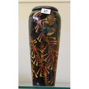 An Hielco pokerwork vase, with brass slip. Depicting Australian…