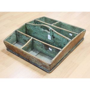 Antique green painted pine, multi section cutlery tray.…