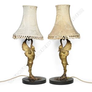 A pair of 19th century gilt metal stylised swan table lamps, on…