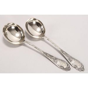 Pair of Russian sauce ladles, possibly marked 84, decorated…
