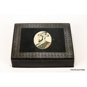 A niello detailed slate trinket box., matt black slate body in…
