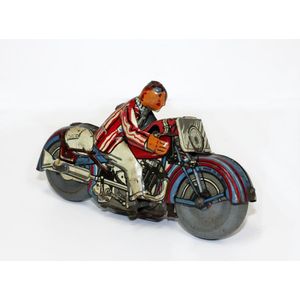 Mettoy (UK), tinplate clockwork motorcycle rider in red-striped…