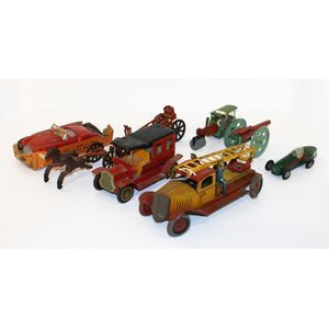 Bag lot of 6 vintage tinplate and cast toys, including early…