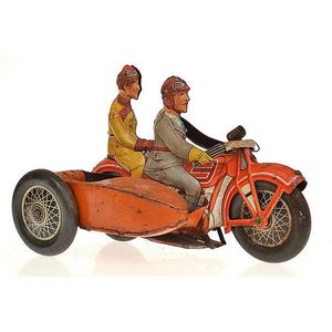 Tinplate clockwork Motorcycle and Sidecar. Red lithographed…