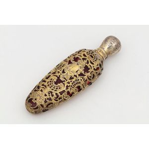 An antique French scent bottle, ruby glass with pierced silver&hellip;