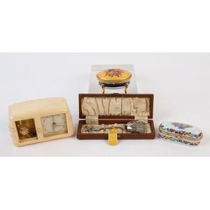 Two porcelain jewel boxes, a Dutch sugar spoon in box, and a…