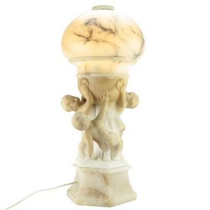 Edwardian alabaster carved putti lamp modelled with three putti…