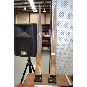 Two swordfish rostrum on metal stands, each approx 96 cm high