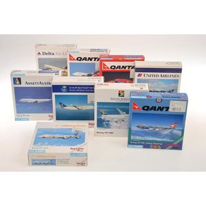 Nine Herpa 1:500 model aeroplane. (E-M boxes E-M) (9)