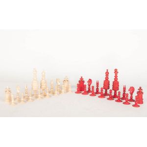 A carved whalebone ivory chess set, 19th century, the largest…