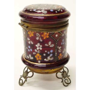 Antique red glass dressing table box with enamel decoration,…